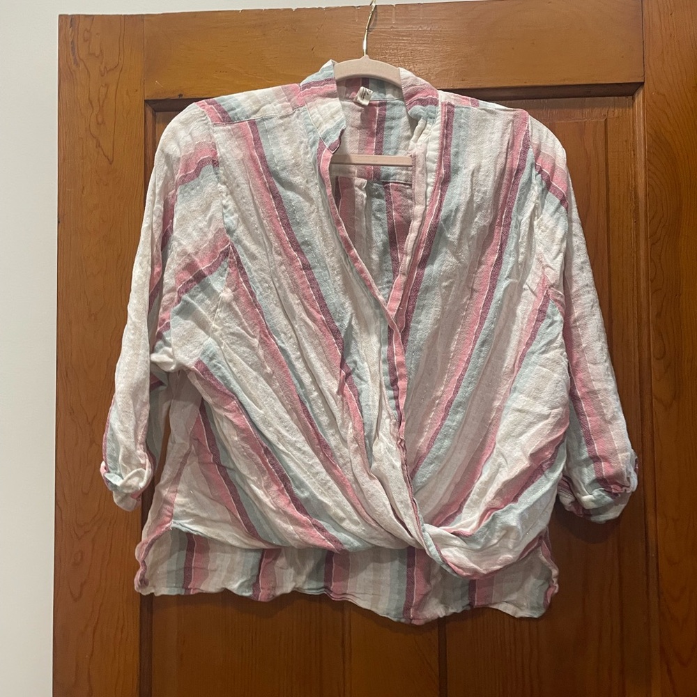 Elan Pink and Gray Wrap Blouse with Mandarin Collar